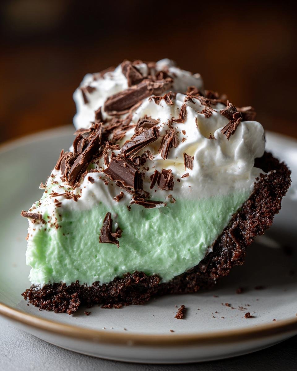Close-up of a slice of Grasshopper Pie showing the mint green filling, dark chocolate crust, and whipped cream topping with chocolate shavings.