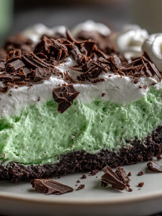 A close-up slice of vibrant green Grasshopper Pie featuring a dark chocolate crust, mint filling, whipped cream, and chocolate shavings.