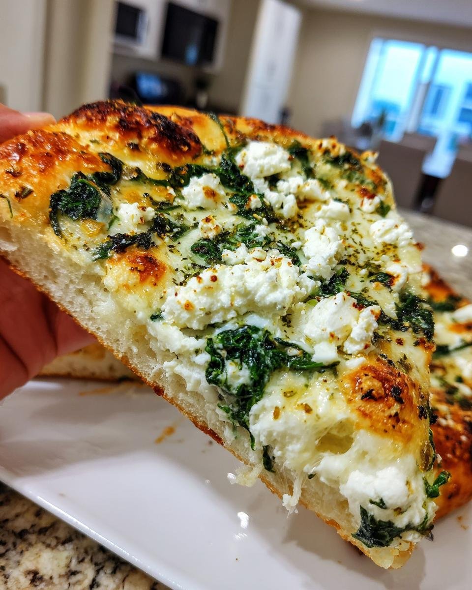 Close-up of a thick slice of Greek Roasted Garlic Spinach White Pizza topped with creamy white cheese and spinach.