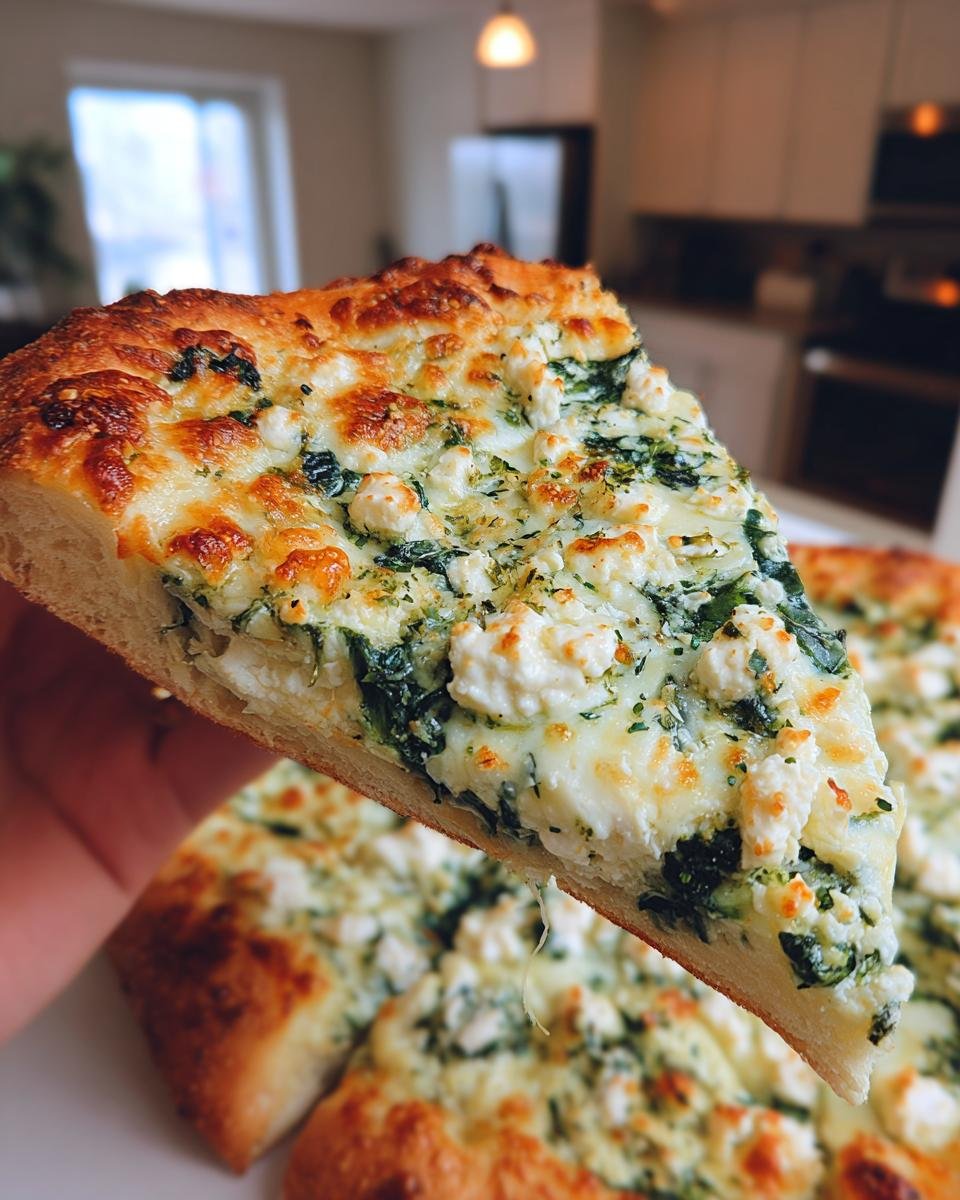 A hand holding up a thick slice of Greek Roasted Garlic Spinach White Pizza showing melted cheese and spinach.