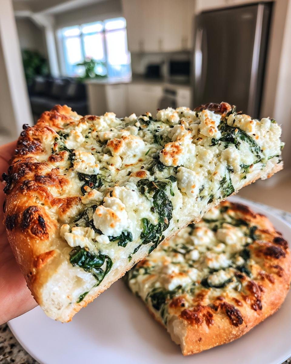 A hand holds up a thick slice of Greek Roasted Garlic Spinach White Pizza topped with feta and spinach.