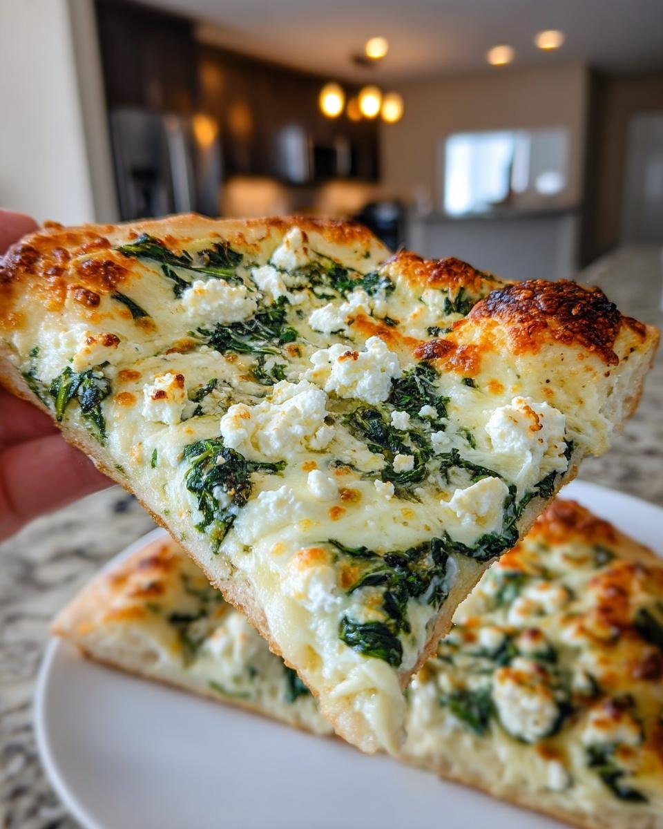 A hand holding up a slice of Greek Roasted Garlic Spinach White Pizza topped with melted cheese and feta.