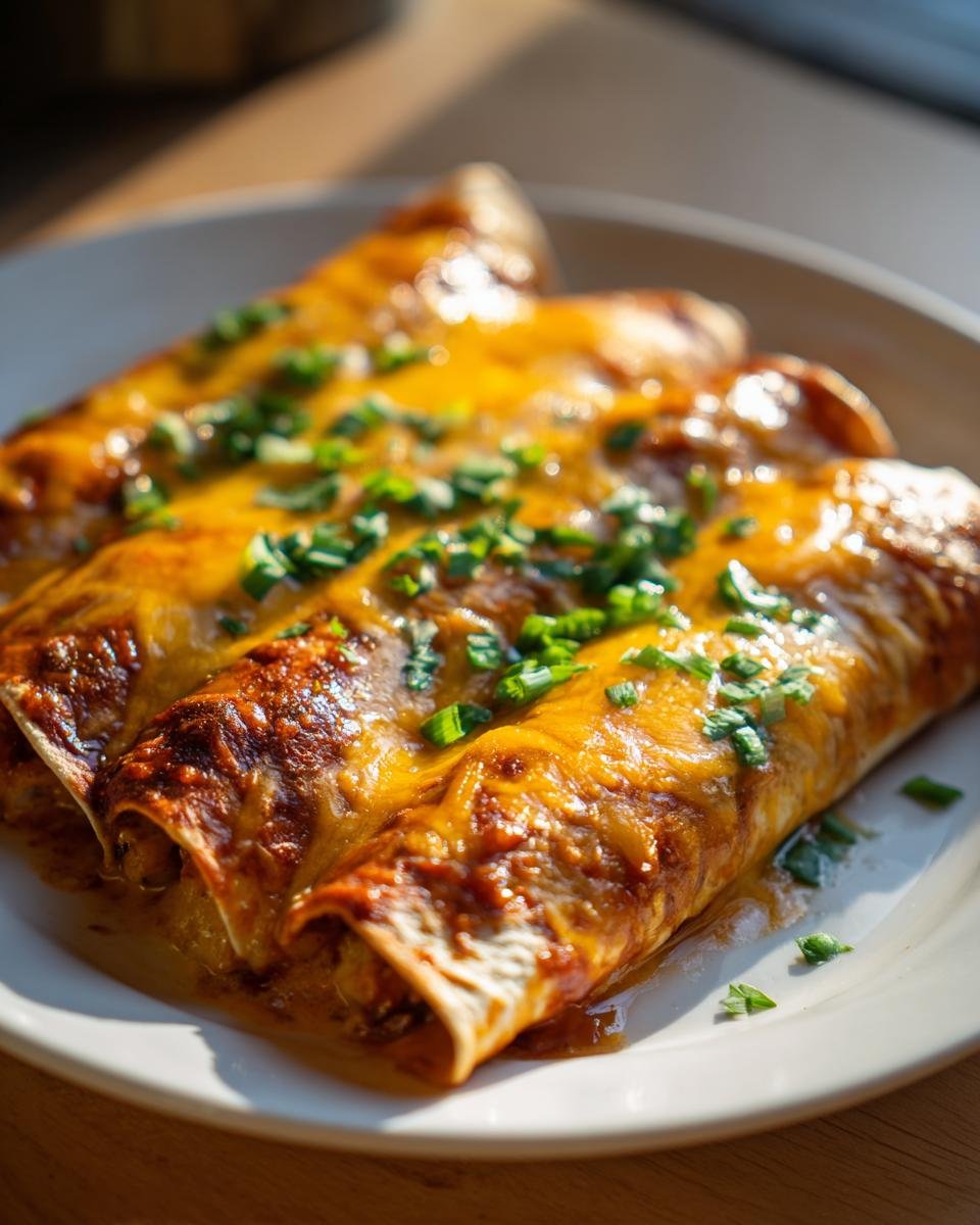 Close-up of three baked Green Chicken Enchiladas smothered in melted orange cheese and topped with chopped green onions.