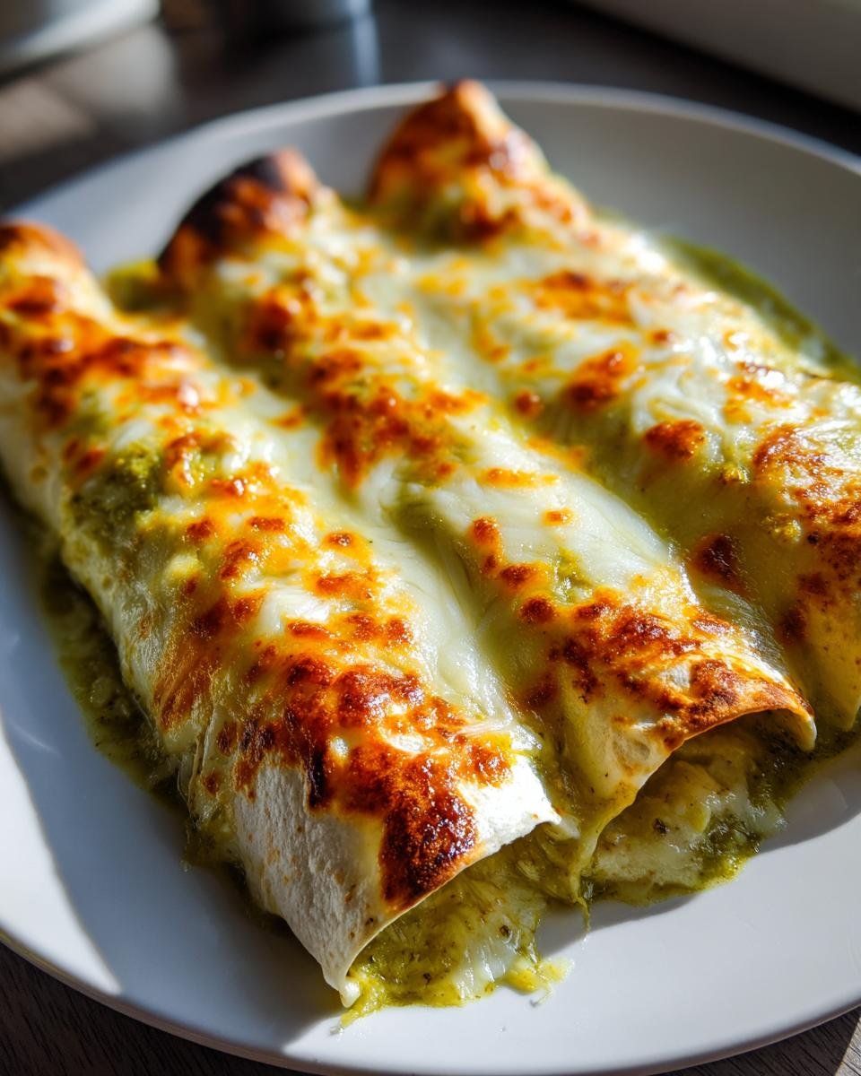 Close-up of three baked Green Chicken Enchiladas covered in melted, browned cheese and green sauce.