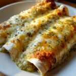 Close-up of two Green Chicken Enchiladas covered in melted white and yellow cheese and sprinkled with herbs.