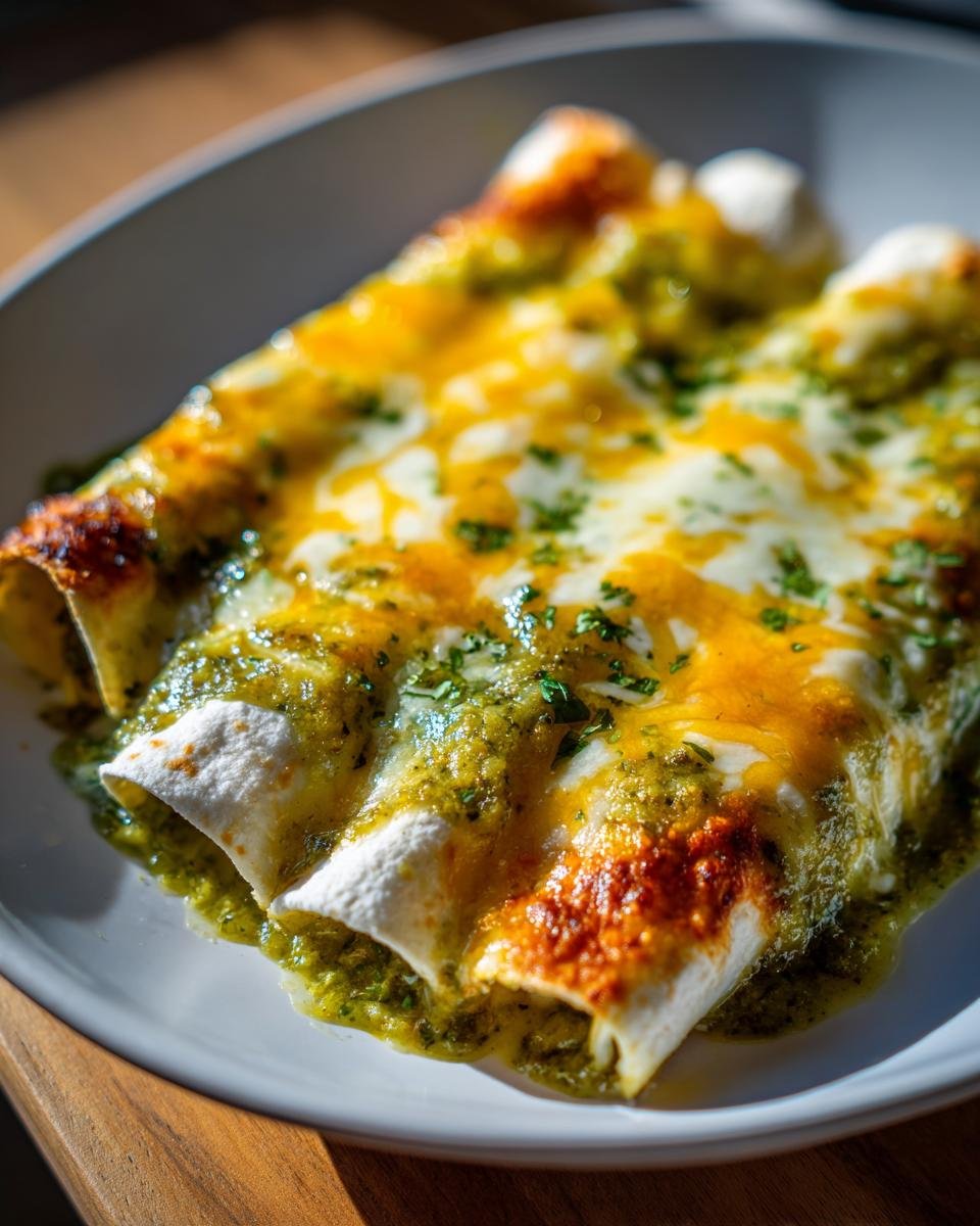 Close-up of three Green Chicken Enchiladas smothered in vibrant green sauce and melted yellow and white cheese.