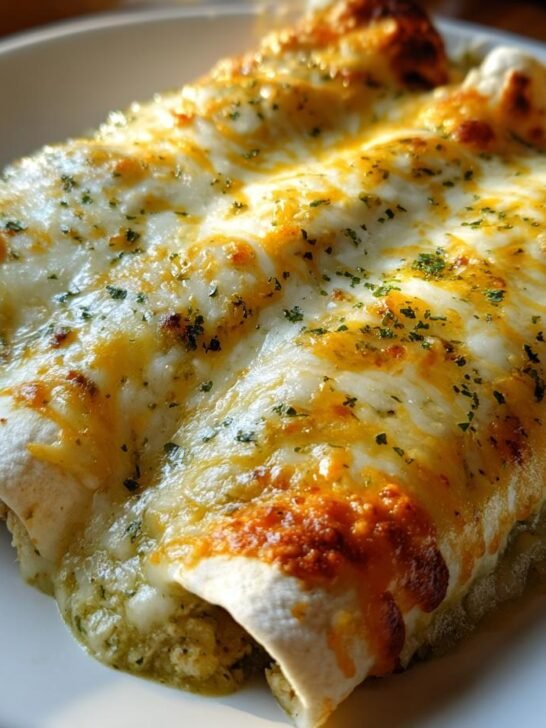 Close-up of two Green Chicken Enchiladas covered in melted white and yellow cheese and sprinkled with herbs.