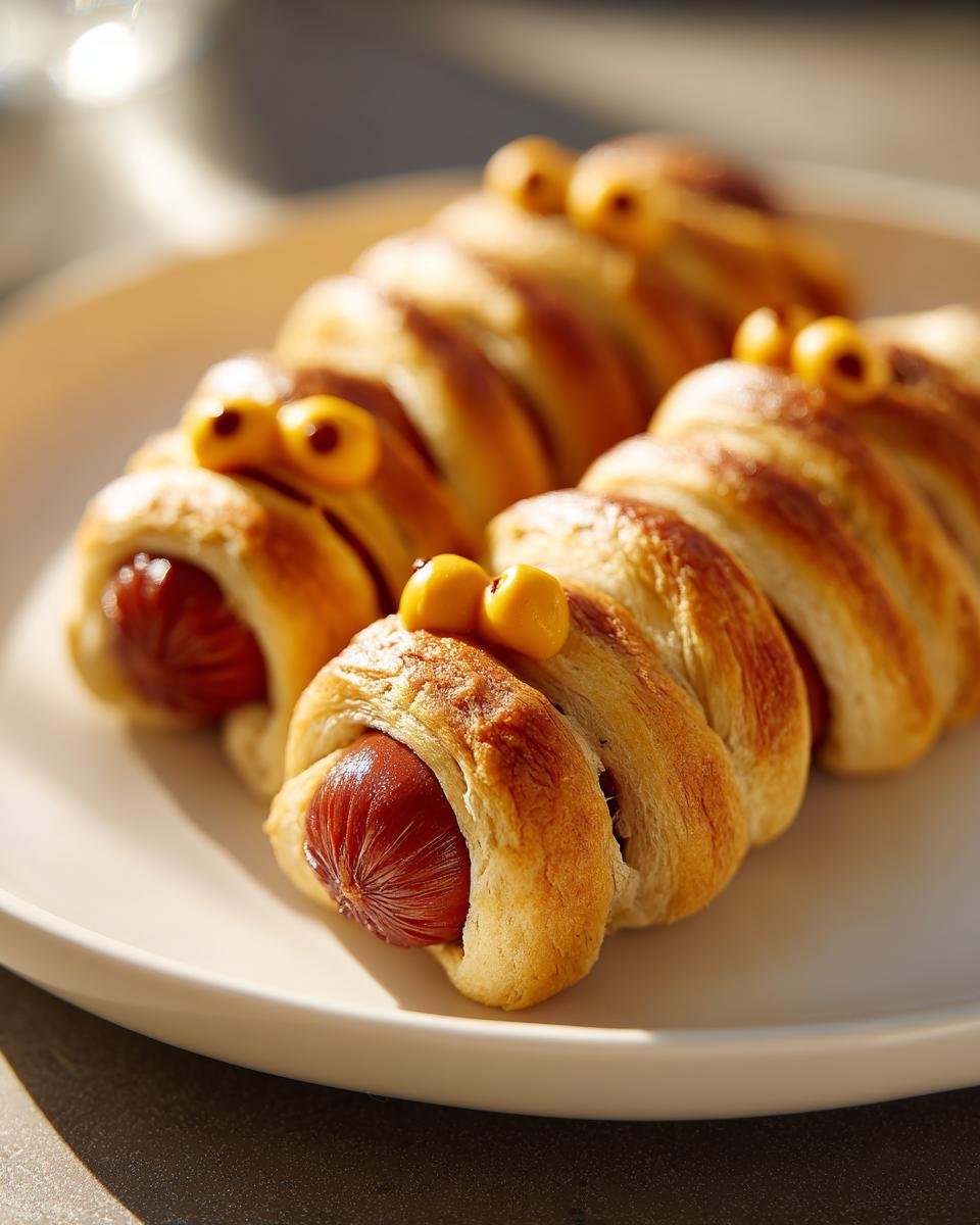 Close-up of three golden-brown Halloween Air Fryer Mummy Hot Dogs wrapped in dough with yellow eyes.