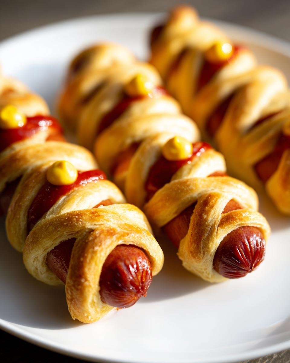 Close-up of golden-brown Halloween Air Fryer Mummy Hot Dogs wrapped in dough, topped with ketchup and mustard dots.