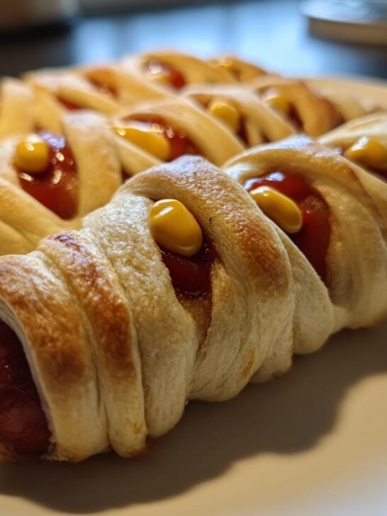 Close-up of golden brown Halloween Air Fryer Mummy Hot Dogs wrapped in dough with ketchup and mustard eyes.