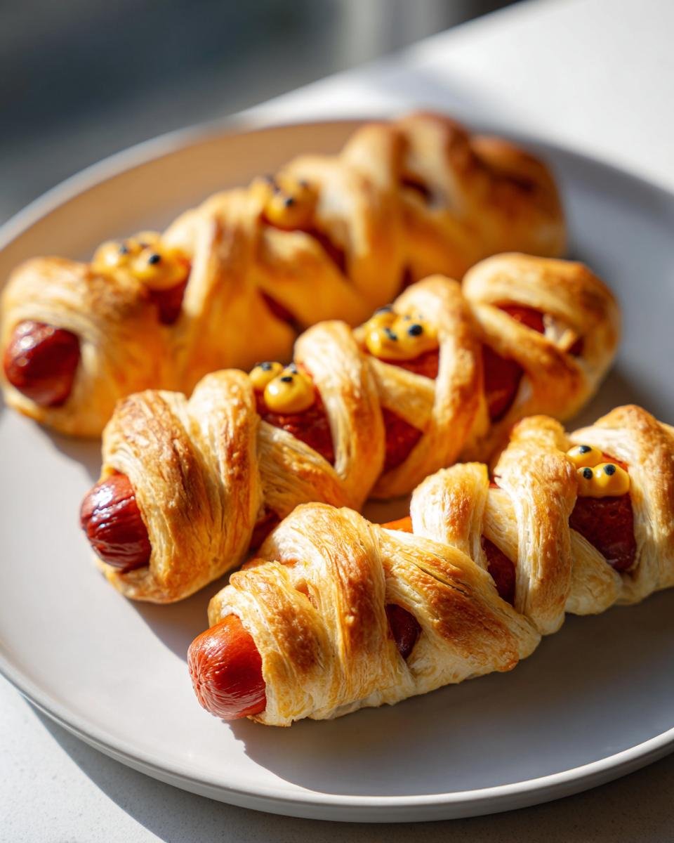 Close-up of golden, flaky Halloween Air Fryer Mummy Hot Dogs with mustard eyes on a light gray plate.