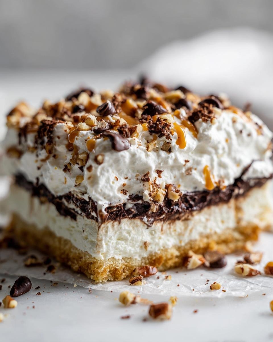 Close-up of a square slice of the 4-layer Halloween Lush Recipe showing crust, cream, chocolate, and whipped topping with nuts.