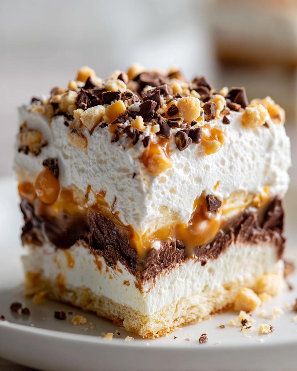 Close-up of a square slice of layered dessert, featuring a crust, cream, chocolate, caramel, and whipped topping with nuts and chocolate chips, perfect for a Halloween Lush Recipe.