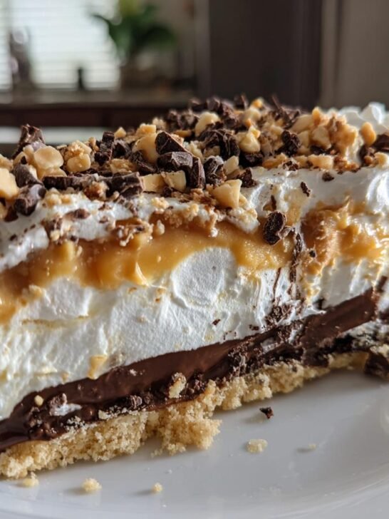 A close-up slice of the 4-Layer Halloween Lush Recipe showing layers of crust, chocolate, cream, caramel, and peanut butter topping.
