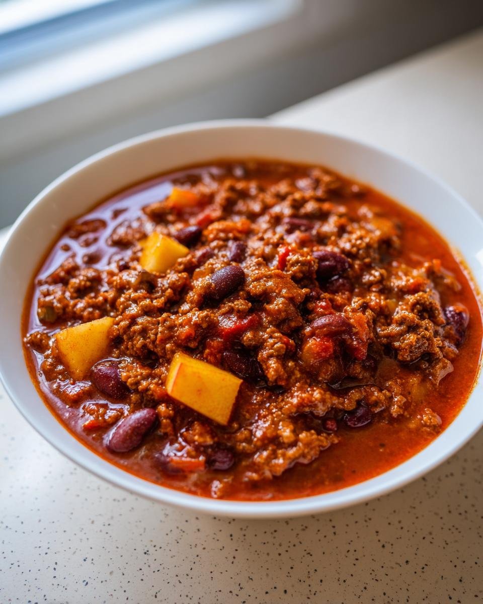 Close-up of a white bowl filled with Hearty Turkey Apple Chili, showing ground turkey, kidney beans, and chunks of apple.