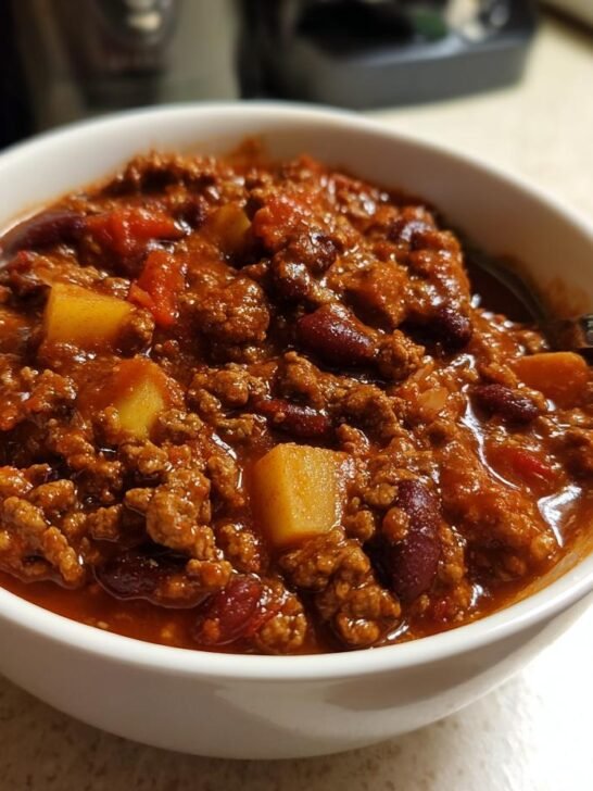 Close-up of a white bowl filled with Hearty Turkey Apple Chili featuring ground turkey, kidney beans, and chunks of apple.