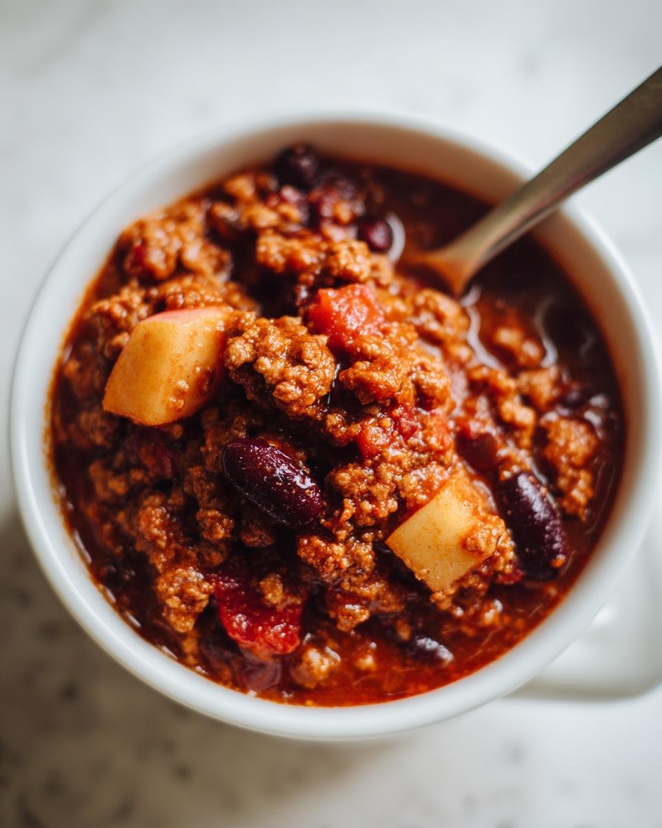 A close-up overhead shot of a bowl of Hearty Turkey Apple Chili, showing ground turkey, kidney beans, and chunks of apple.