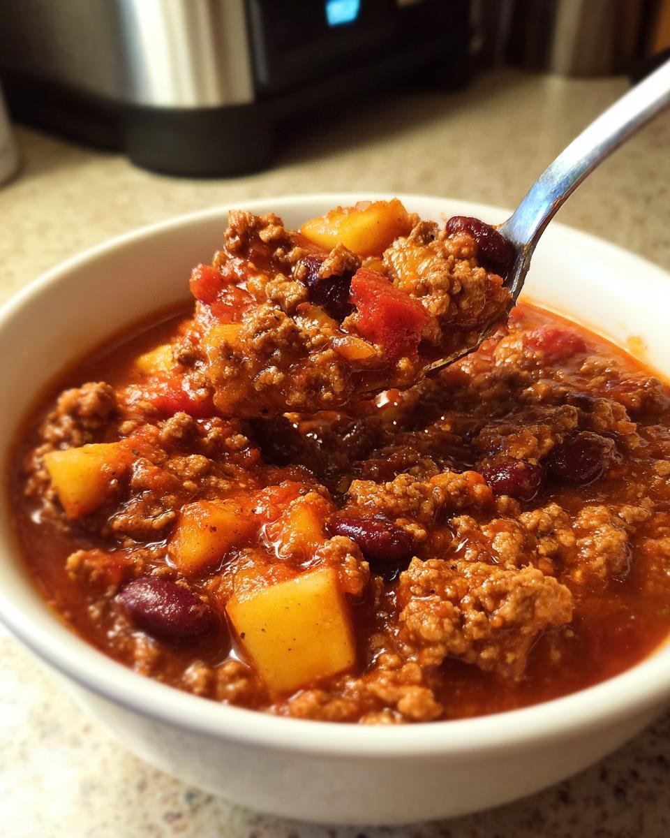 A spoonful of Hearty Turkey Apple Chili, showing ground turkey, kidney beans, and chunks of apple in a rich sauce.
