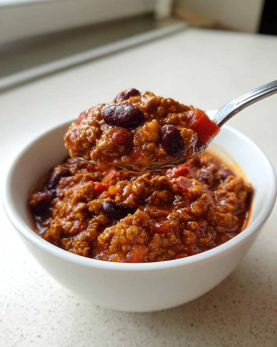 A spoonful of rich, thick Hearty Turkey Apple Chili lifted from a white bowl, showing ground turkey and dark red kidney beans.