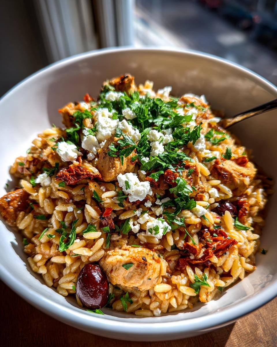 Close-up of High Protein Mediterranean Chicken Orzo topped with feta and parsley.