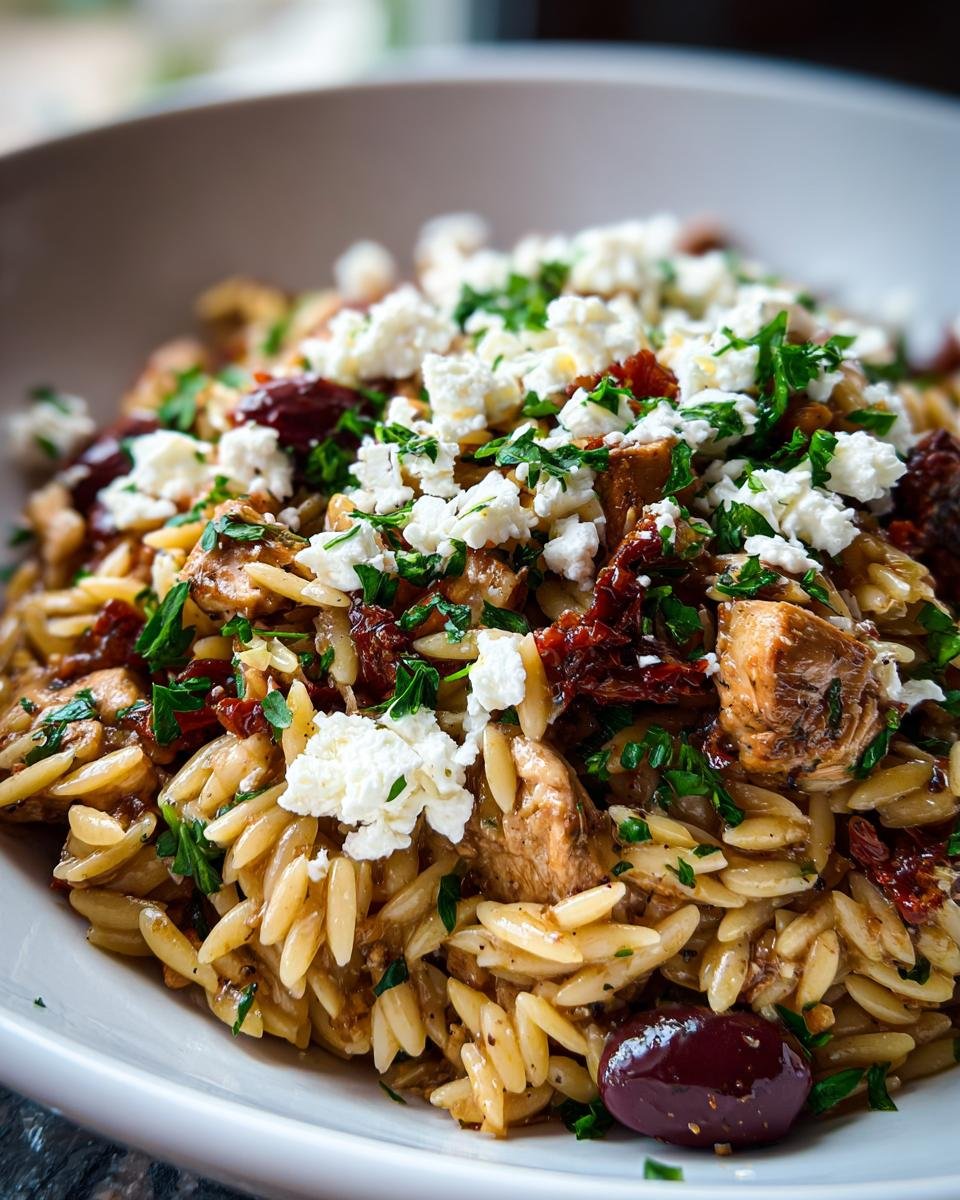 Close-up of High Protein Mediterranean Chicken Orzo topped with feta cheese, sun-dried tomatoes, and parsley.