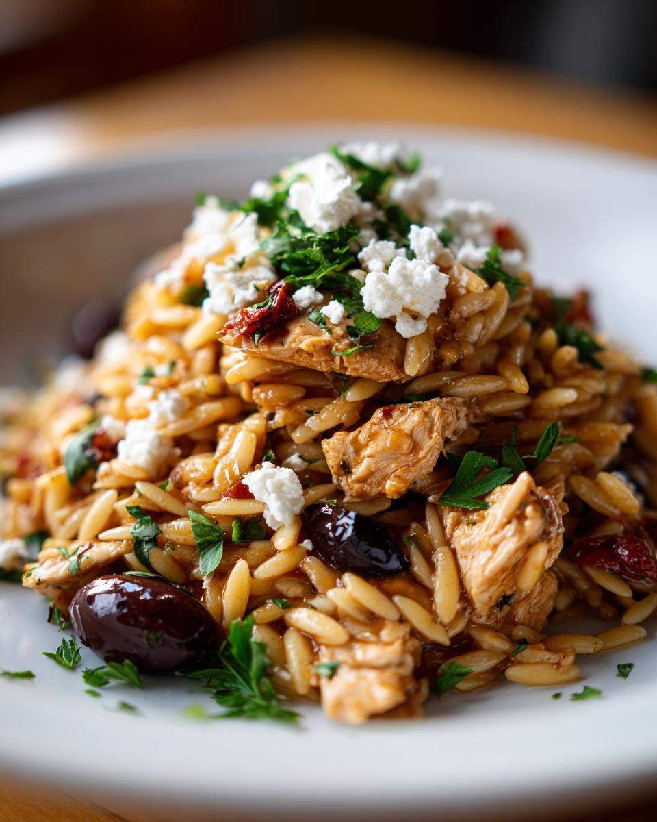Close-up of High Protein Mediterranean Chicken Orzo topped with crumbled feta cheese and fresh parsley.