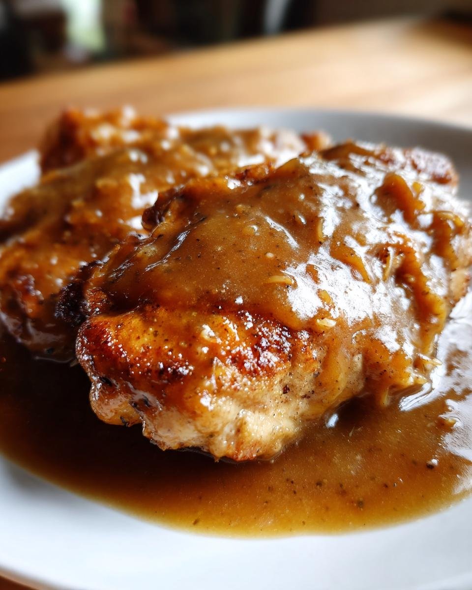 Close-up of perfectly seared chicken breasts smothered in rich, brown Homemade Chicken And Gravy.