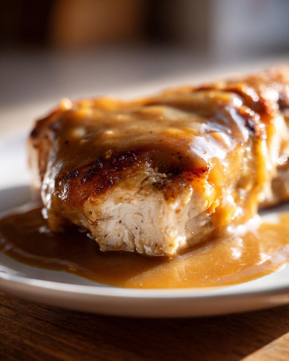 Close-up of a perfectly cooked piece of chicken smothered in rich brown gravy, showcasing the moist interior of the Homemade Chicken And Gravy.