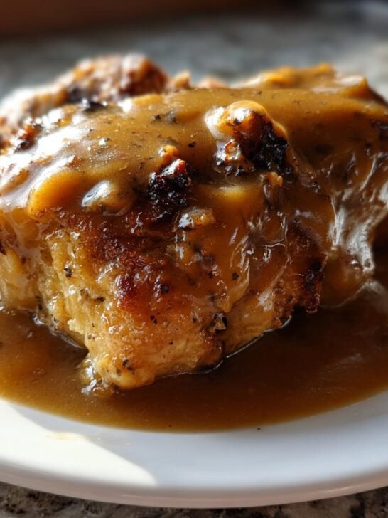 A close-up shot of a piece of golden-brown chicken smothered in rich, dark brown Homemade Chicken And Gravy.