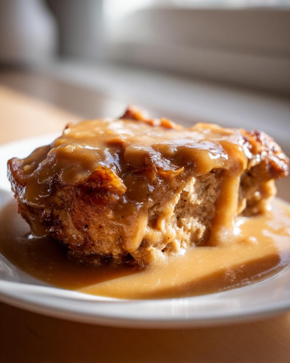 Close-up of a serving of baked item drenched in rich, brown Homemade Chicken And Gravy on a white plate.