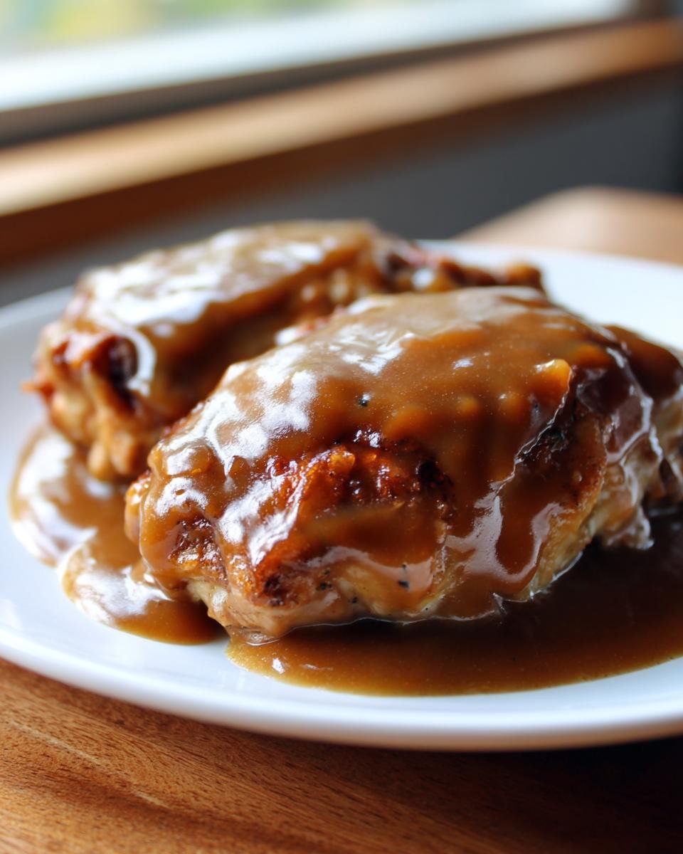 Two pieces of perfectly cooked chicken smothered in rich brown gravy, ready to eat Homemade Chicken And Gravy.