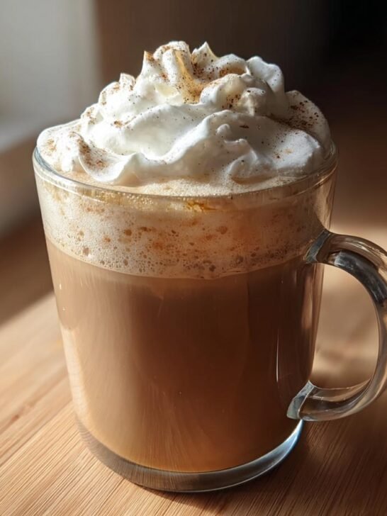 A clear glass mug filled with a rich Homemade Pumpkin Spice Latte, topped high with whipped cream and a dusting of spice.