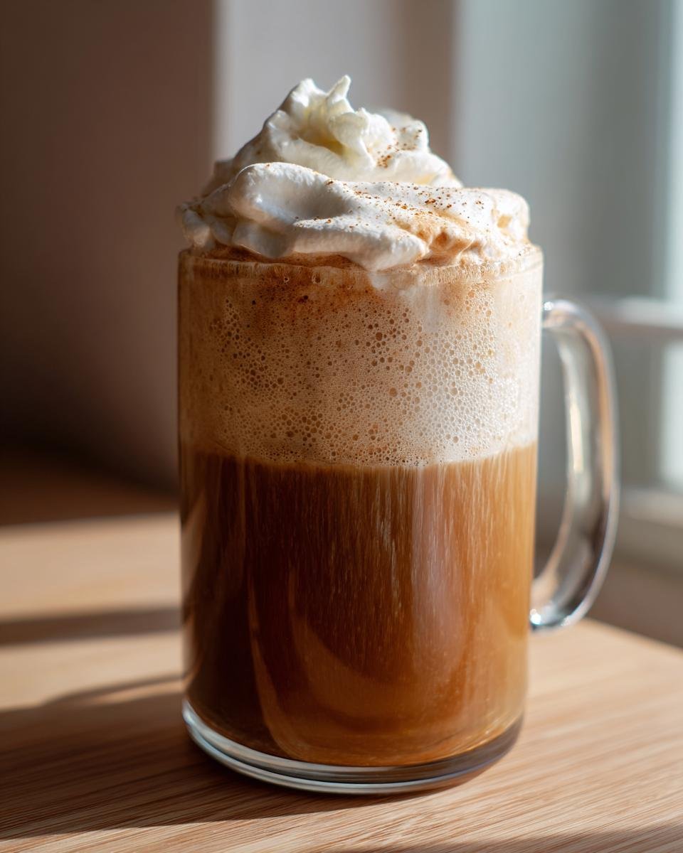A tall glass mug filled with a Homemade Pumpkin Spice Latte, topped with whipped cream and a sprinkle of spice.
