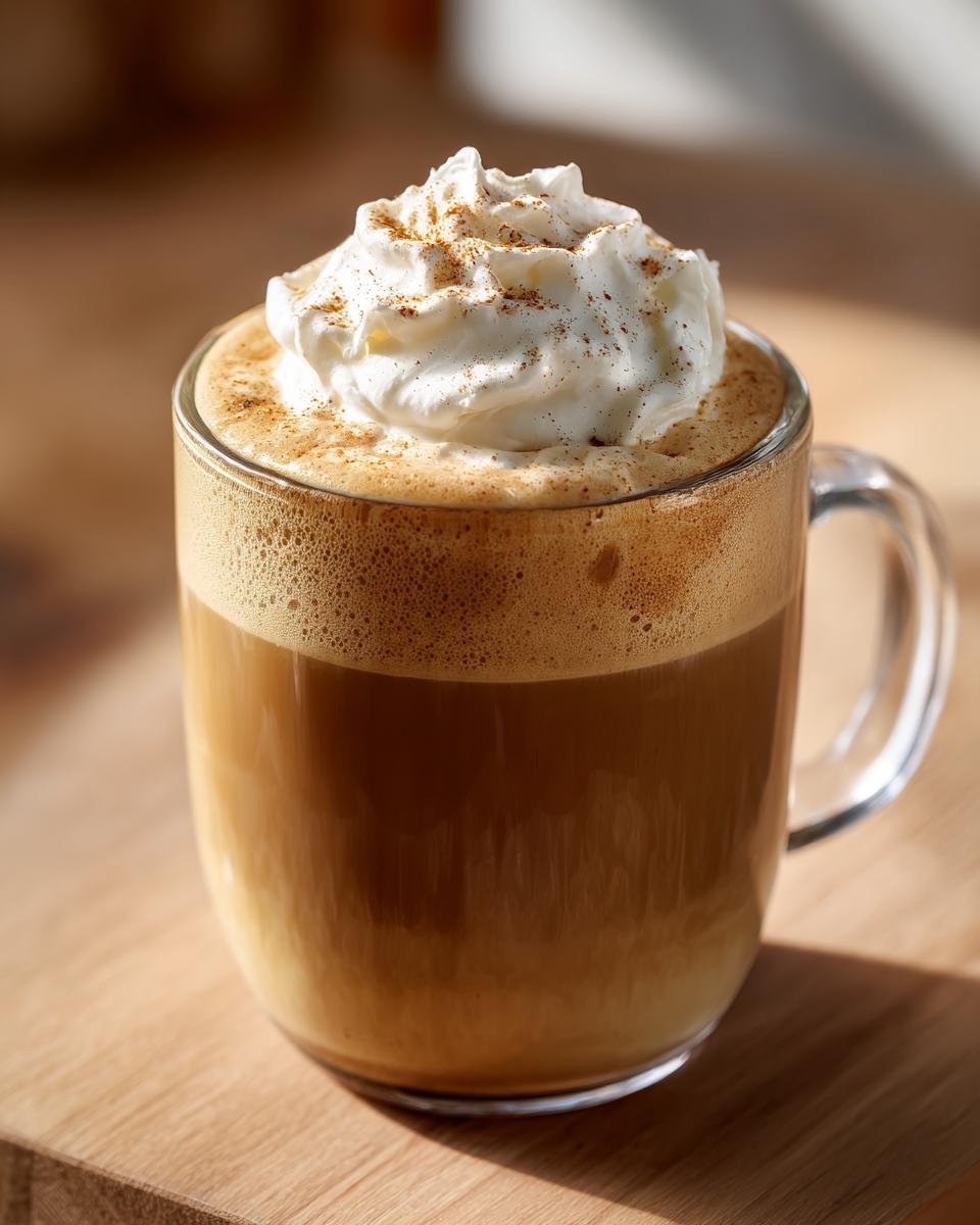 A clear glass mug filled with a Homemade Pumpkin Spice Latte, topped with whipped cream and a sprinkle of spice.