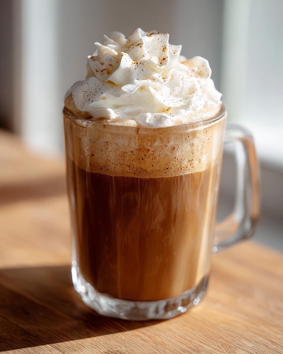 A tall glass mug filled with a rich Homemade Pumpkin Spice Latte topped with whipped cream and spice dusting.