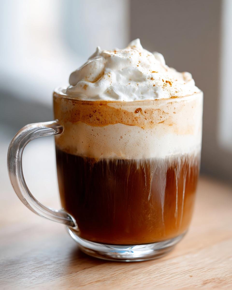 Close-up of a Homemade Pumpkin Spice Latte in a clear mug, topped with whipped cream and a sprinkle of spice.