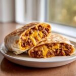 Cross-section of an Irresistibly Cheesy Beefy Melt Burrito showing seasoned ground beef and melted cheddar cheese.