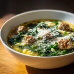 Close-up of a white bowl filled with Italian Wedding Soup, featuring meatballs, greens, pasta, and grated Parmesan cheese.