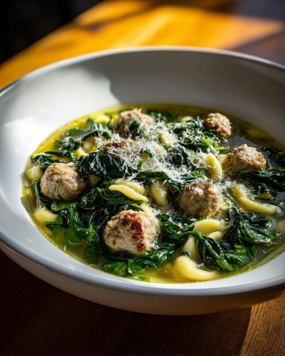 A close-up bowl of hot Italian Wedding Soup featuring small meatballs, dark green spinach, pasta, and grated Parmesan cheese.