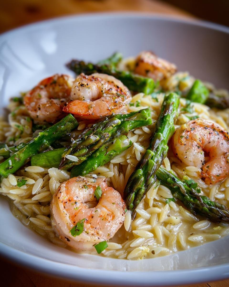 A close-up of Lemon Garlic Shrimp And Asparagus Orzo served in a white bowl, featuring plump shrimp and bright green asparagus over creamy orzo pasta.