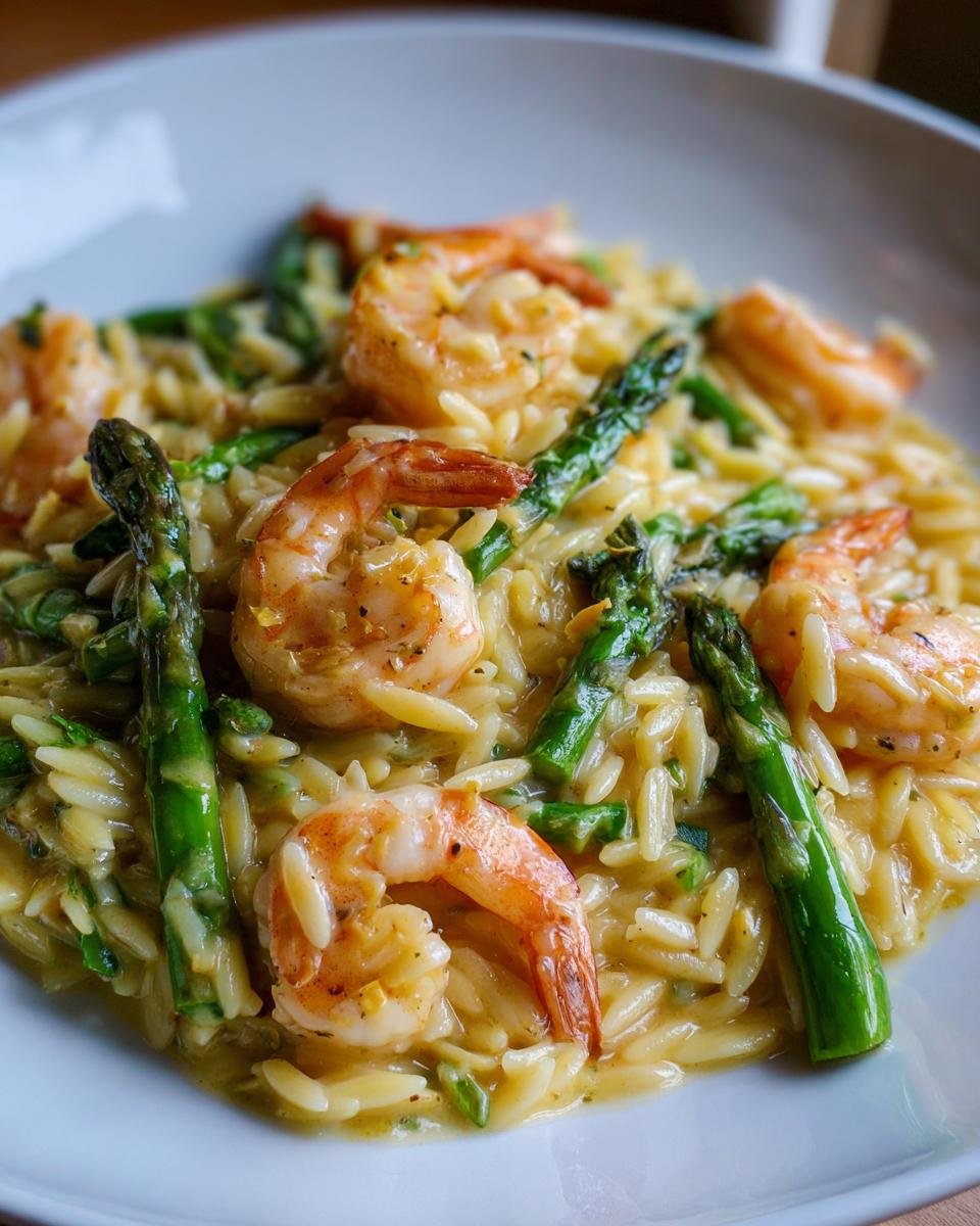 A close-up serving of creamy Lemon Garlic Shrimp And Asparagus Orzo topped with bright pink shrimp and green asparagus spears.