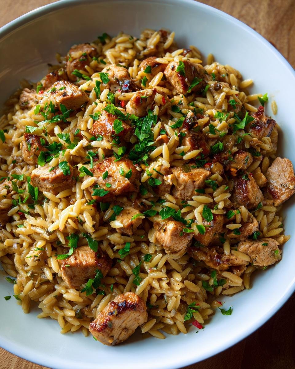 A close-up overhead view of savory Marsala Chicken Orzo Pasta topped with fresh chopped parsley in a white bowl.