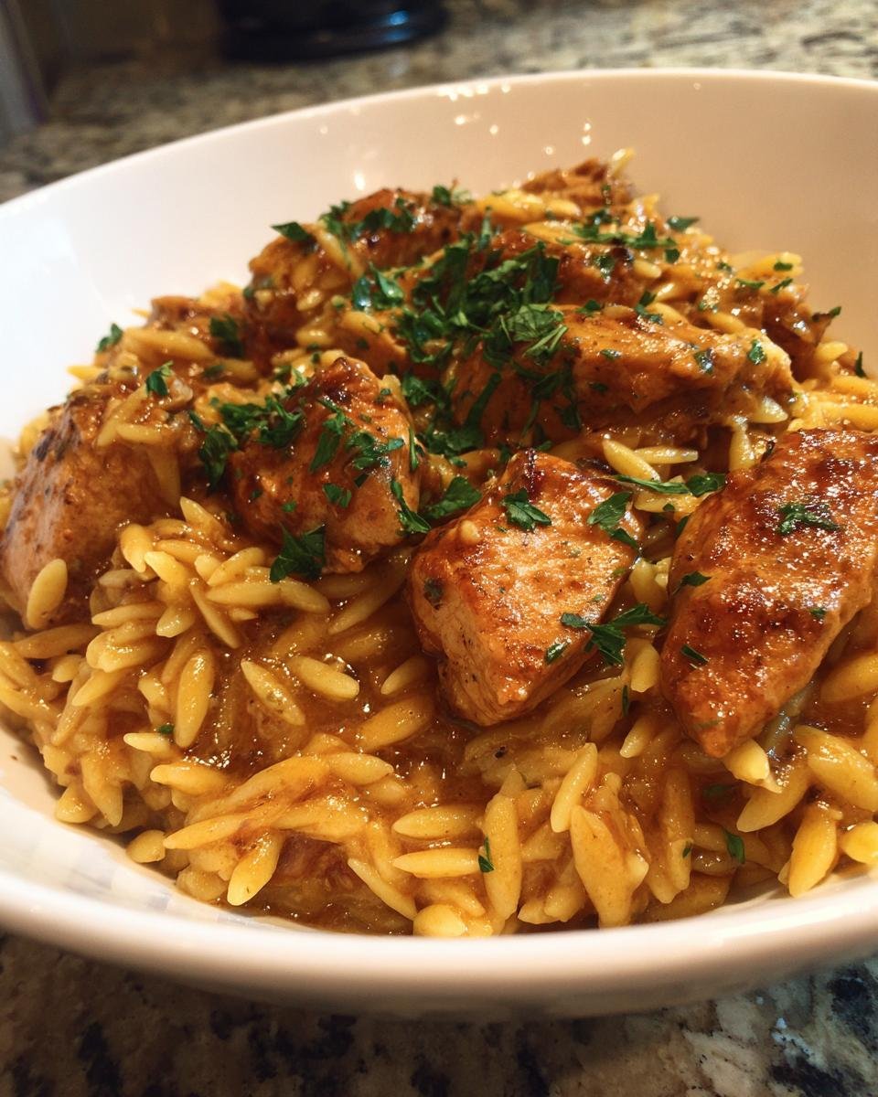 Close-up of a white bowl filled with Marsala Chicken Orzo Pasta topped with fresh chopped parsley.