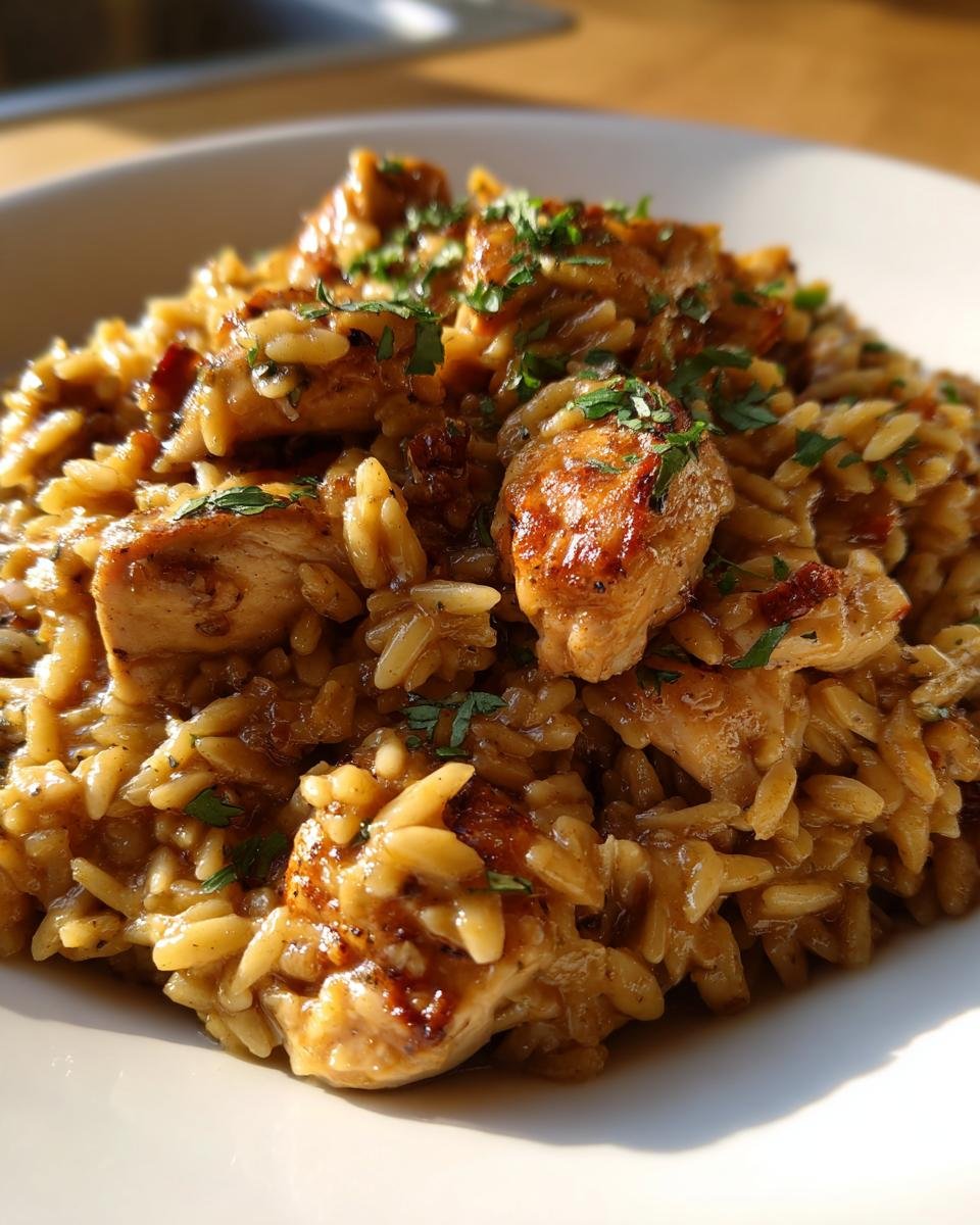 Close-up shot of savory Marsala Chicken Orzo Pasta topped with fresh parsley garnish.