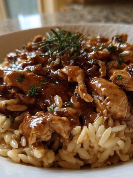 Close-up of tender chicken pieces coated in rich Marsala sauce served over creamy orzo pasta, garnished with rosemary.