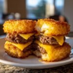 A delicious close-up of Mini Tater Tot Cheeseburgers featuring two patties and melted cheese between crispy tater tot 'buns'.