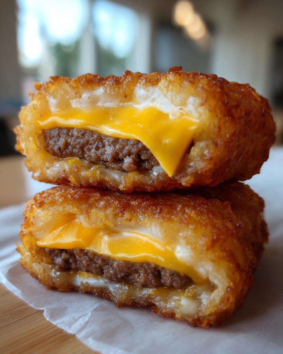Close-up of two halves of Mini Tater Tot Cheeseburgers stacked, showing crispy tater tot exterior, melted cheese, and a small burger patty inside.