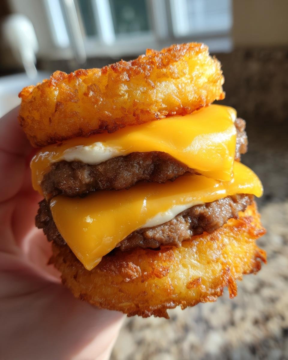 A person holding a double patty Mini Tater Tot Cheeseburgers Recipe, using crispy tater tots as buns.