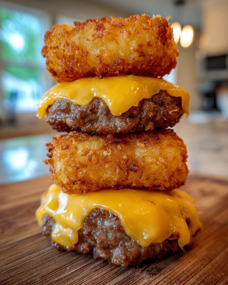 A close-up stack of two Mini Tater Tot Cheeseburgers, featuring beef patties topped with melted cheese and crispy tater tots as buns.