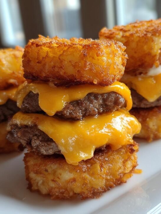 Close-up of three stacks of Mini Tater Tot Cheeseburgers featuring crispy tater tots and melted cheddar cheese.